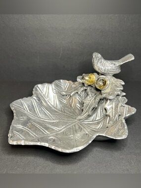 Decorative Cast Aluminum Textured Chestnut Leaf & Bird Trinket Bowl 3.75 x 8"